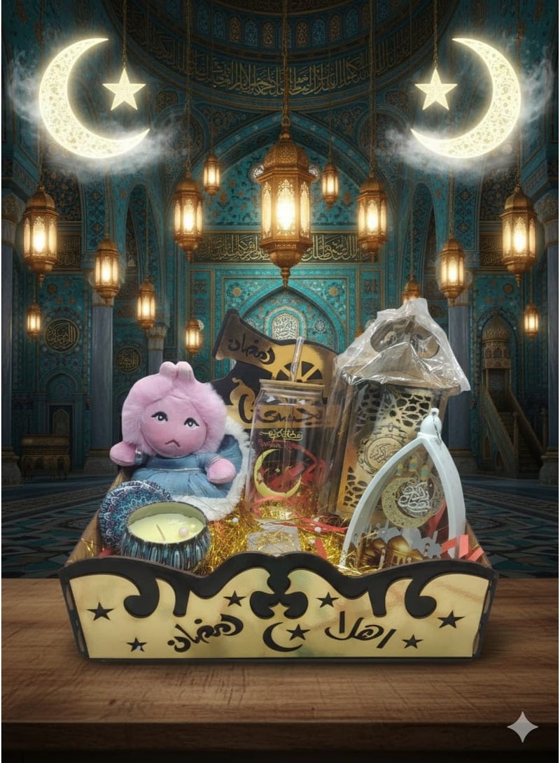 Ramadan Kareem Box + 6 Gifts (Large Tomtom Doll + Mug with Straw + Scented Candle + Electronic LED Candle + 23cm Triangle Lantern + 20cm Wooden Lantern) - Image 1